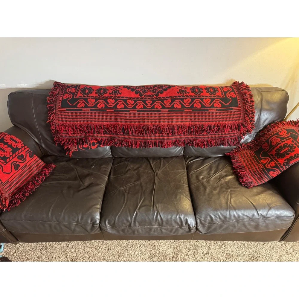 Vintage Polish Folk Wool Blanket Set Large Tapestry Throw Runner Mats Red Black